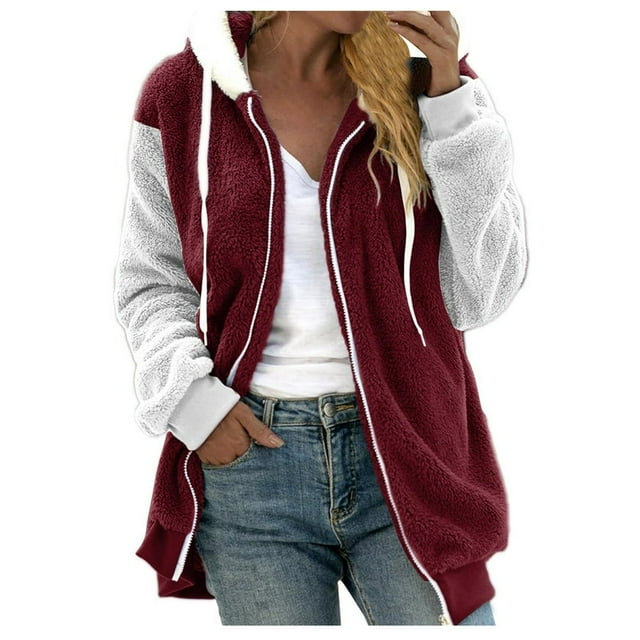 TQWQT Fleece Coats for Women Faux Fur Jacket Coat Fuzzy Fleece Jacket Plus Size Zip Up Drawstring Sweatshirt Oversized Light Blue S