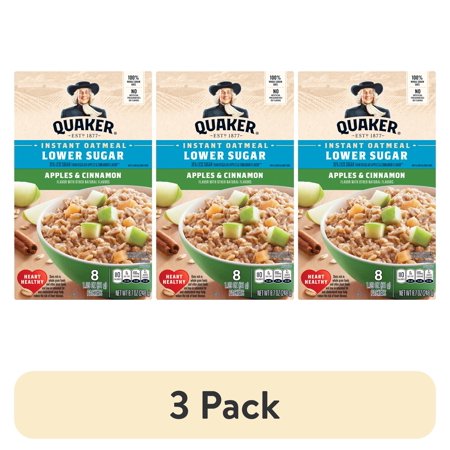 (3 pack) Quaker Lower Sugar Apple Cinnamon flavored Instant Oatmeal, 8.7 oz