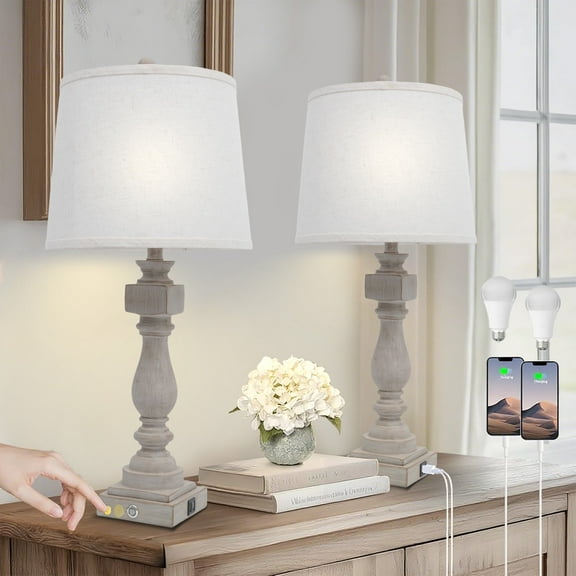Tnuyoah 29" Touch Table Lamps Set of 2 - Resin Bedside Lamps with 2 USB Charging Ports, 3-Way Dimmable Nightstand Lamp with Beige Linen Shade for Bedroom, Living Room & Office (LED Bulbs Included)