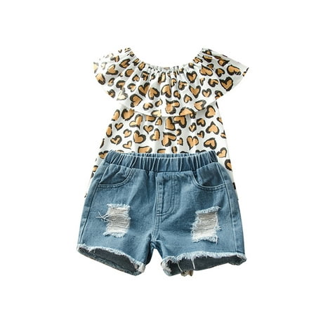 

JBEELATE Toddler Kids Baby Girl Leopard T-shirt Tops Denim Shorts Jeans Outfits
