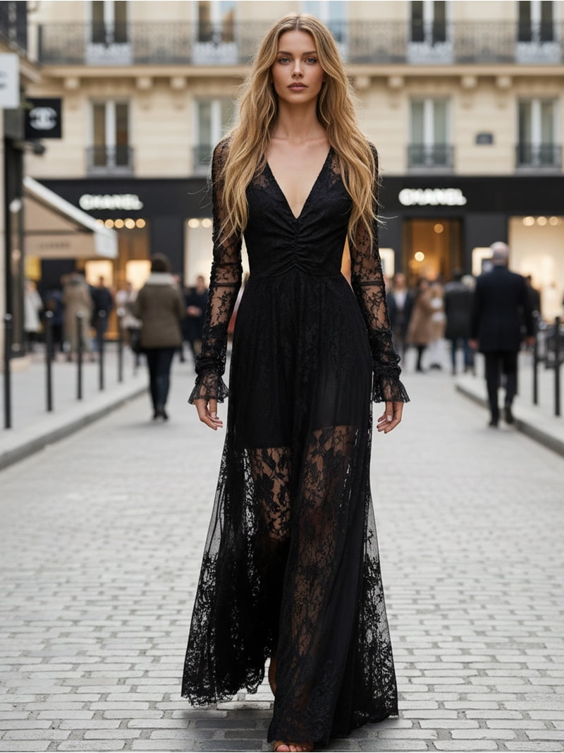 Women's Black Lace Maxi Dress, Sexy V-Neck Long Sleeve Sheer Gown, Gothic Vintage Party Outfit, Chic Boho Cocktail Dress Women