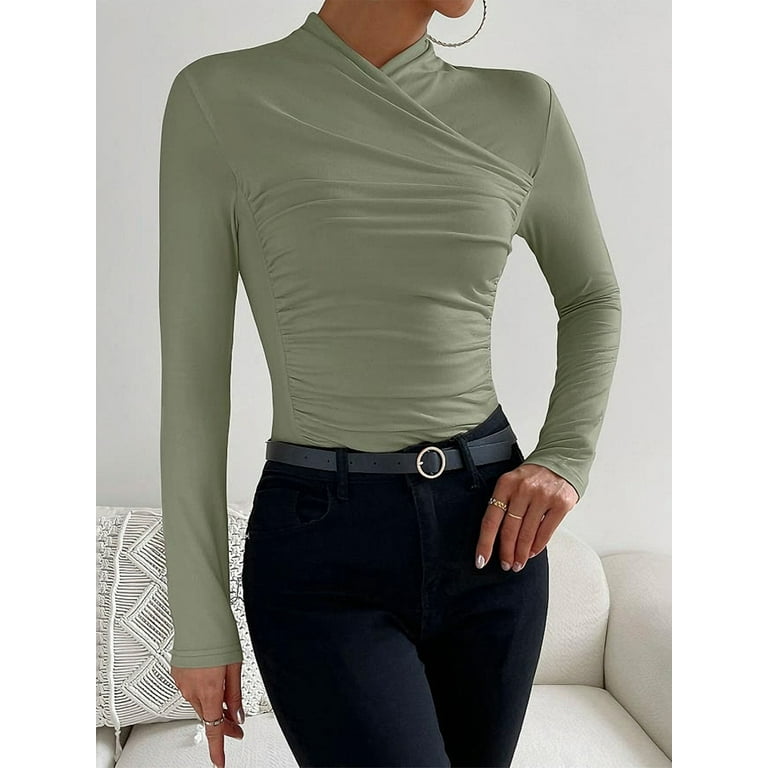 Lizynuty Women s Spring Elegant Slim Tops Solid Color Long Sleeve High Neck Ruched Wrap T Shirt Clubwear Walmart