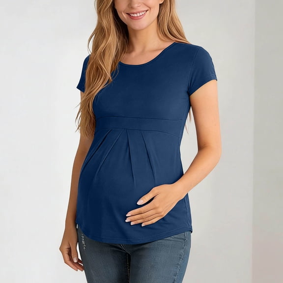 LJEFF Womens Maternity Tunic Top, Short Sleeve Stretchy Crew Neck Elastic Waist Pregnancy Shirts Navy