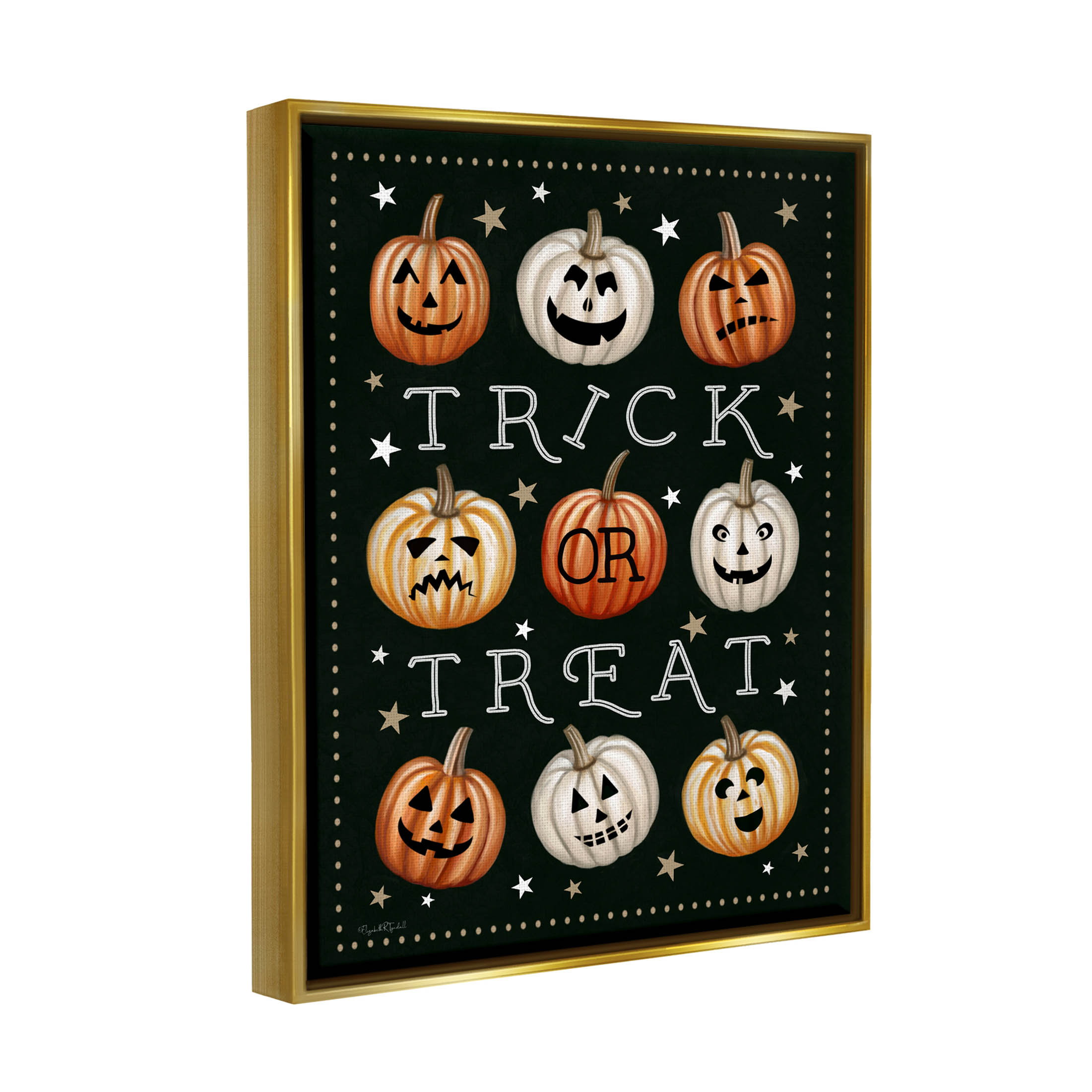 Stupell Industries Trick Or Treat Jack-o-Lanterns Graphic Art Metallic Gold Floating Framed Canvas Print Wall Art, Design by Elizabeth Tyndall