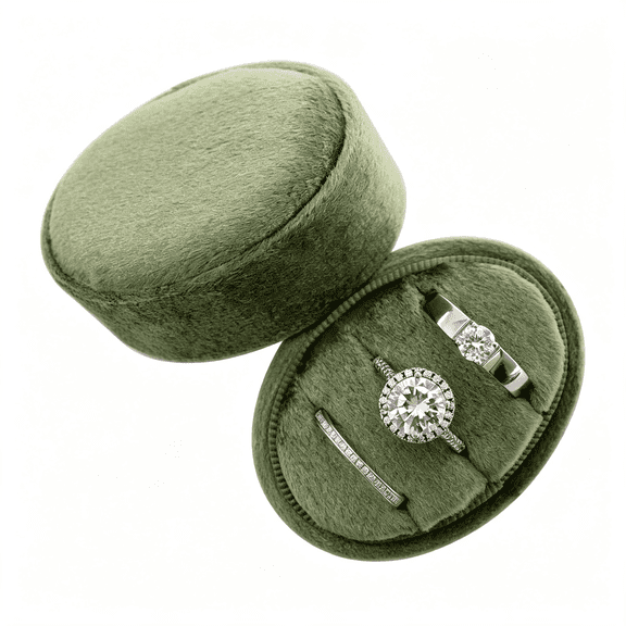 DESIGNICE Velvet Oval Ring Box 3 Slots - Premium Wedding Three Rings Box Vintage Handmade Storage Jewelry Organizer for Proposal, Engagement, Wedding Ceremony, Christmas (Olive Green)