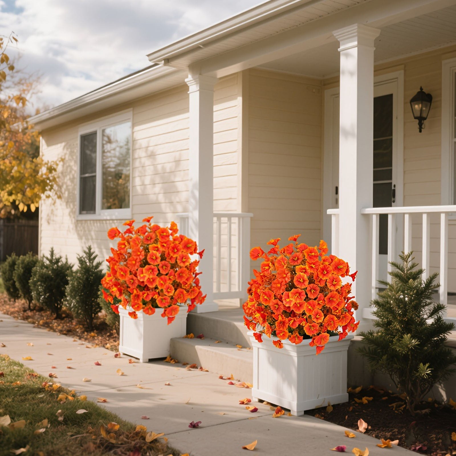 BNNG Artificial Topiary Ball Tree with Flower for Outdoor, Fall Fake Shrubs Bushes with Ground Spikes, UV Resistant Faux Boxwoods Plants for Garden Porch Patio Decor, 20 inches