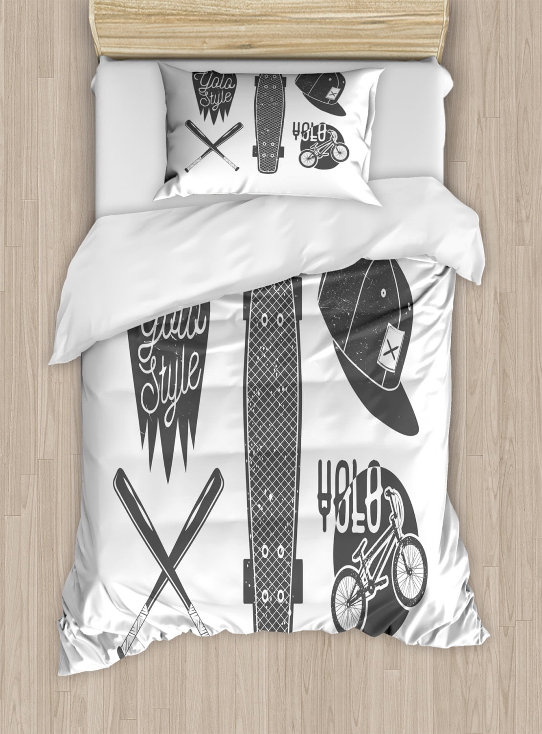 Yolo Twin Size Duvet Cover Set Baseball Bat Skateboard And