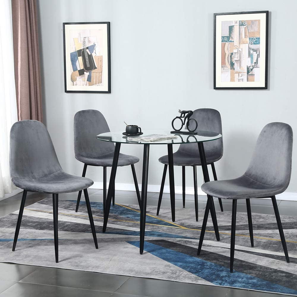 5 PCS Dining Table Chair Set,Round Glass Table and Velvet Dining Chairs