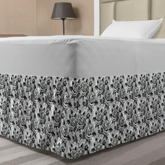 Black and White Bed Skirt, Blossoming Romantic Roses Soulful Expression Bouquet of Love, Elastic Bedskirt Dust Ruffle Wrap Around for Bedding Decor, 4 Sizes, Pale Grey Black White, by Ambesonne
