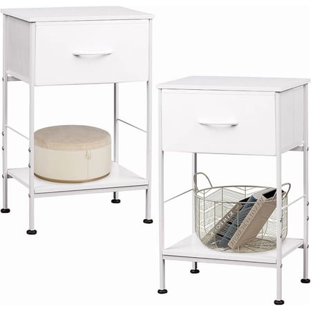Night Stand with Charging Station LED Nightstand with Adjustable Fabric Drawer 3-Tier Storage Bedside Table Small End Side Tables for Bedroom