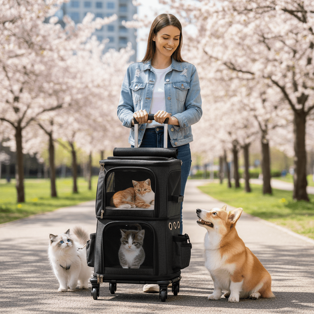 MINGYI Double-Compartment Pet Carrier with Wheels,Dog Backpack Carrier for 2 Small Dogs and Cats,Cat Rolling Carrier for Traveling/Taking a Walk/Trips to The Vet(Black)