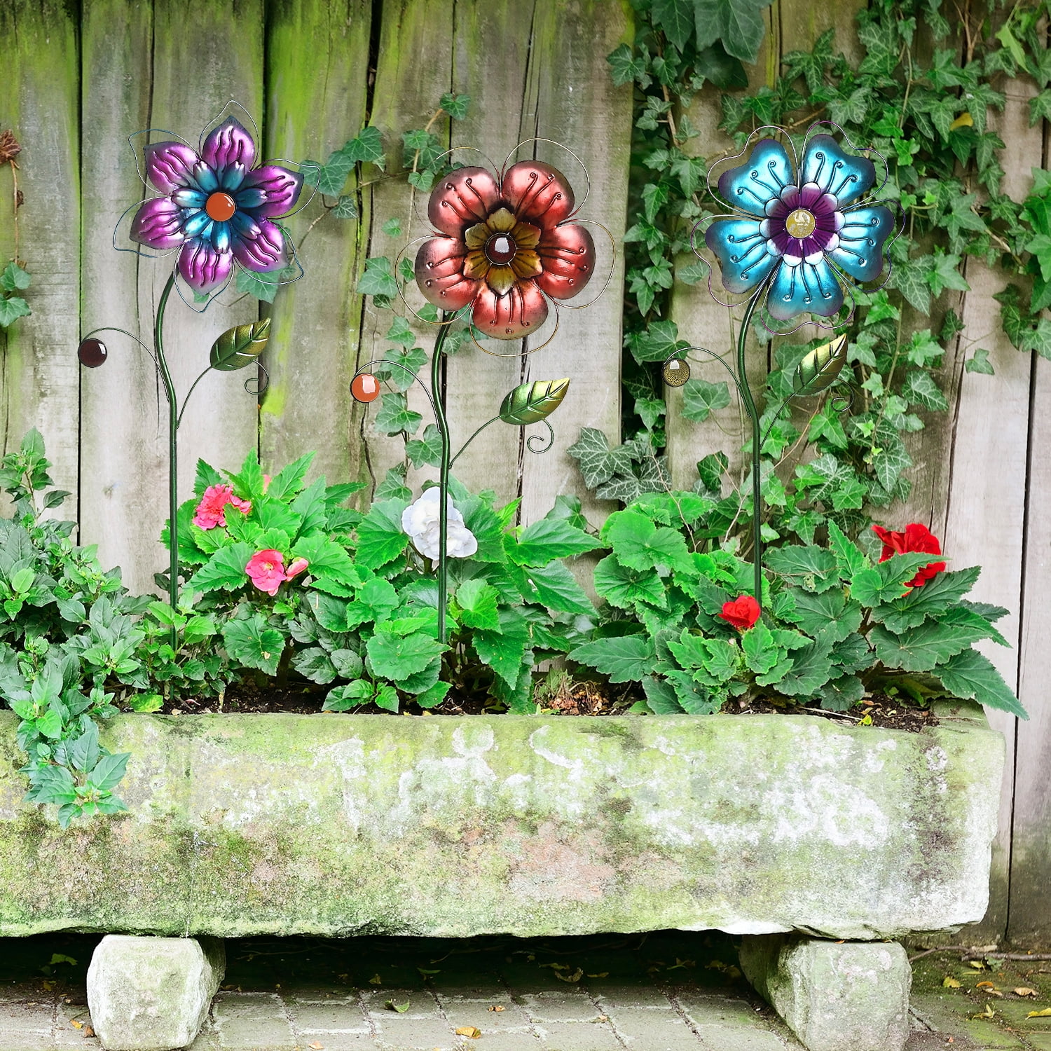 Garden Stake Metal Plant Pick Blue&Red Flower Sticks for Outdoor and Home Decor,3 pcs