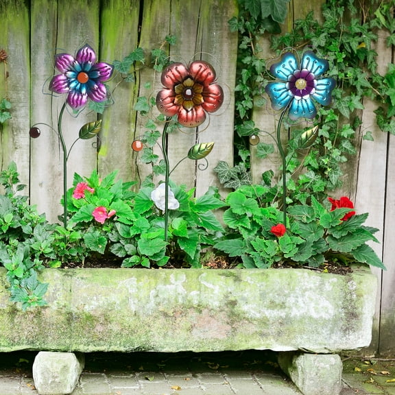 Garden Stake Metal Plant Pick Blue&Red Flower Sticks for Outdoor and Home Decor,3 Pcs