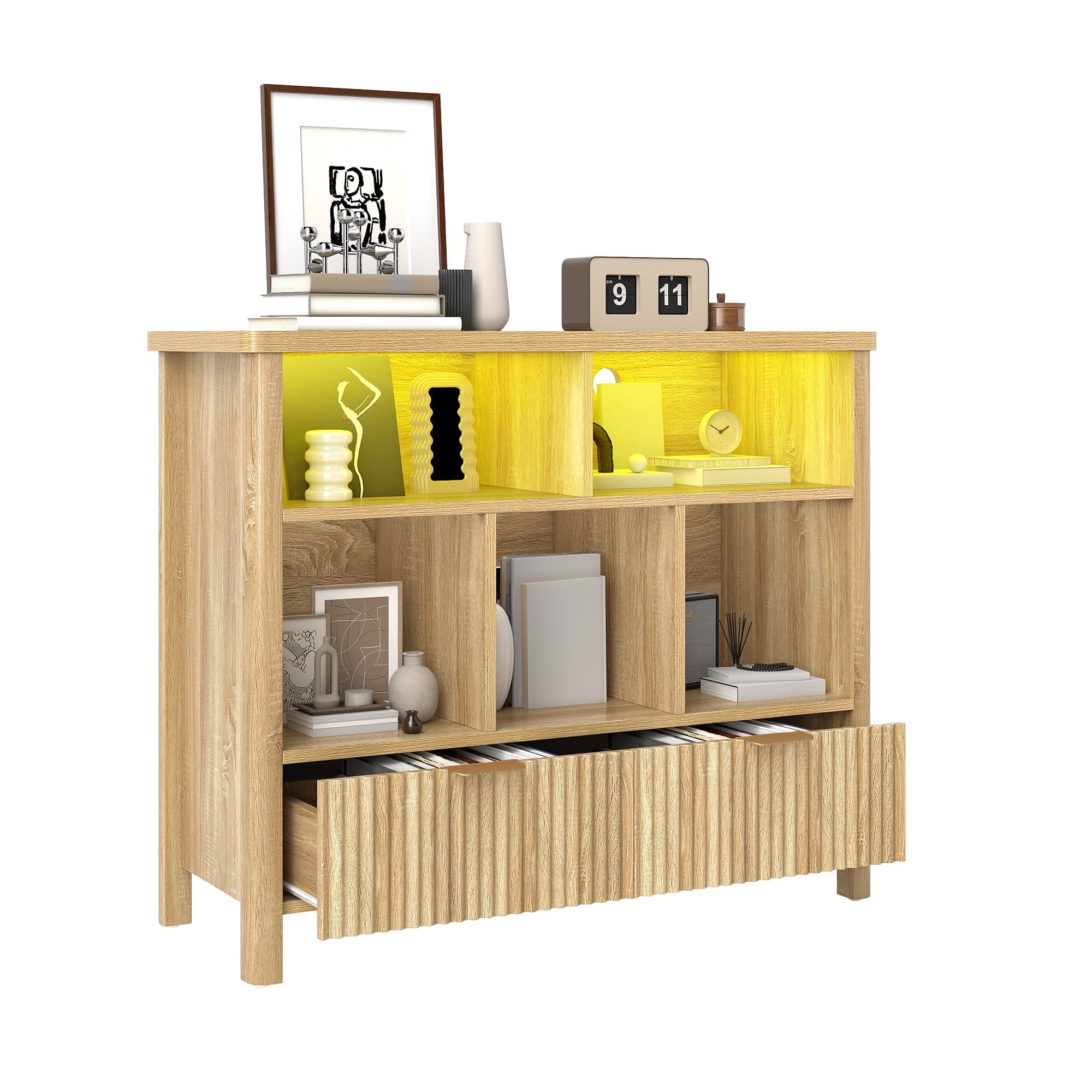Uforic 5 Cube Bookcase with LED Light, Modern 3 Tier Bookshelf with Drawers for Home Office