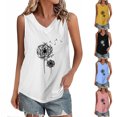 thumbnail image 4 of Dandelion Printed Cotton Linen Tees for Women V-neck Sleeveless Pullover Comfy Lightweight Summer Loungewear Baggy Tank Tops, 4 of 5