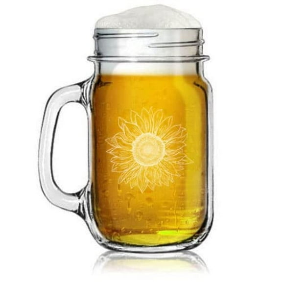 16oz Mason Jar Glass Mug w/Handle Gift Sunflower