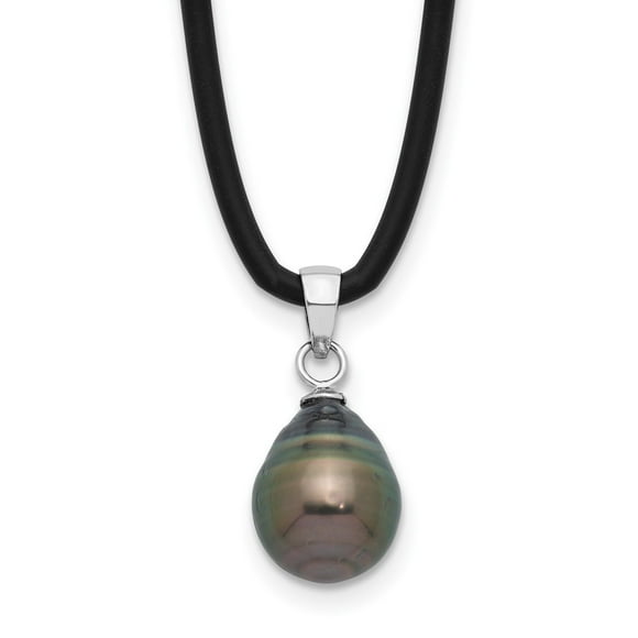 Diamond2Deal 925 Sterling Silver RH-plated Tahitian Pearl Black Silicone Necklace for Women 18"