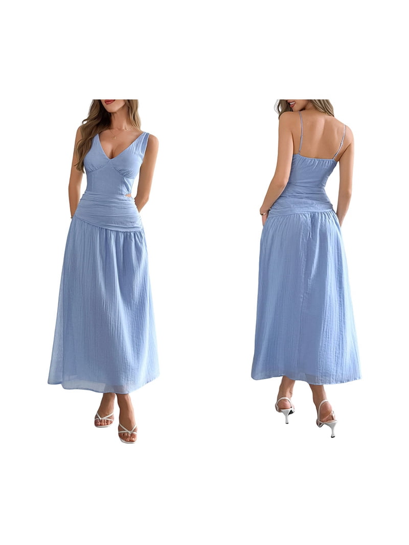 Women'S Summer Sleeveless Casual Dresses V-Neck Wrinkles Backless Party Dress Blue M