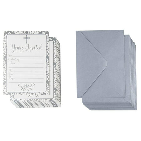 60-Pack Religious Invitations - Christian Invitation Cards, Silver Cross and Floral Pattern, Ideal for Funeral, Baptism, Christening, Church Events, V-Flap Envelopes Included, 5 x 7