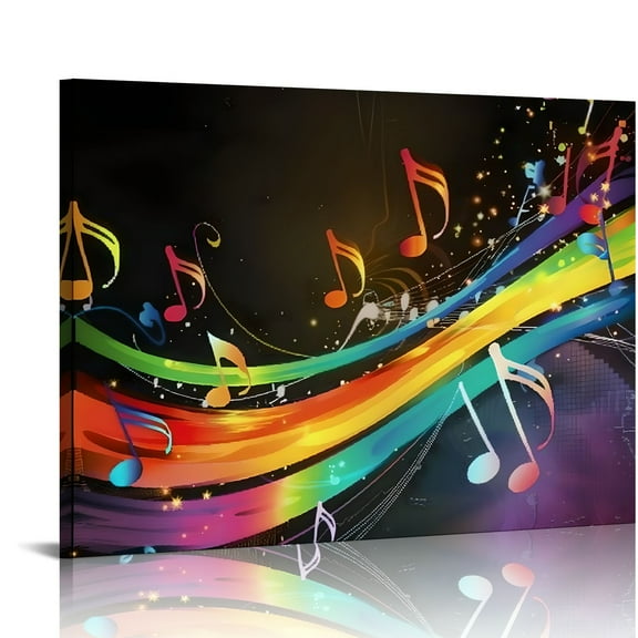 Fenyluxe Music Notes Rainbow Colors Black Background Canvas Wall Art Print Home Decor Ready to Hang Living Room Bedroom Office Wall Decor 20x16in