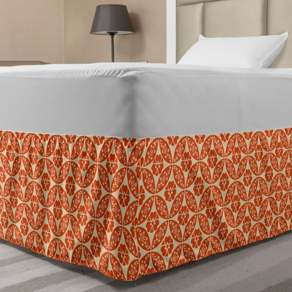 Geometric Bed Skirt, Japanese Classic Floral Motif Interlocking Lattice Circles Pattern Design, Elastic Bedskirt Dust Ruffle Wrap Around for Bedding Decor, 4 Sizes, Vermilion Cream, by Ambesonne