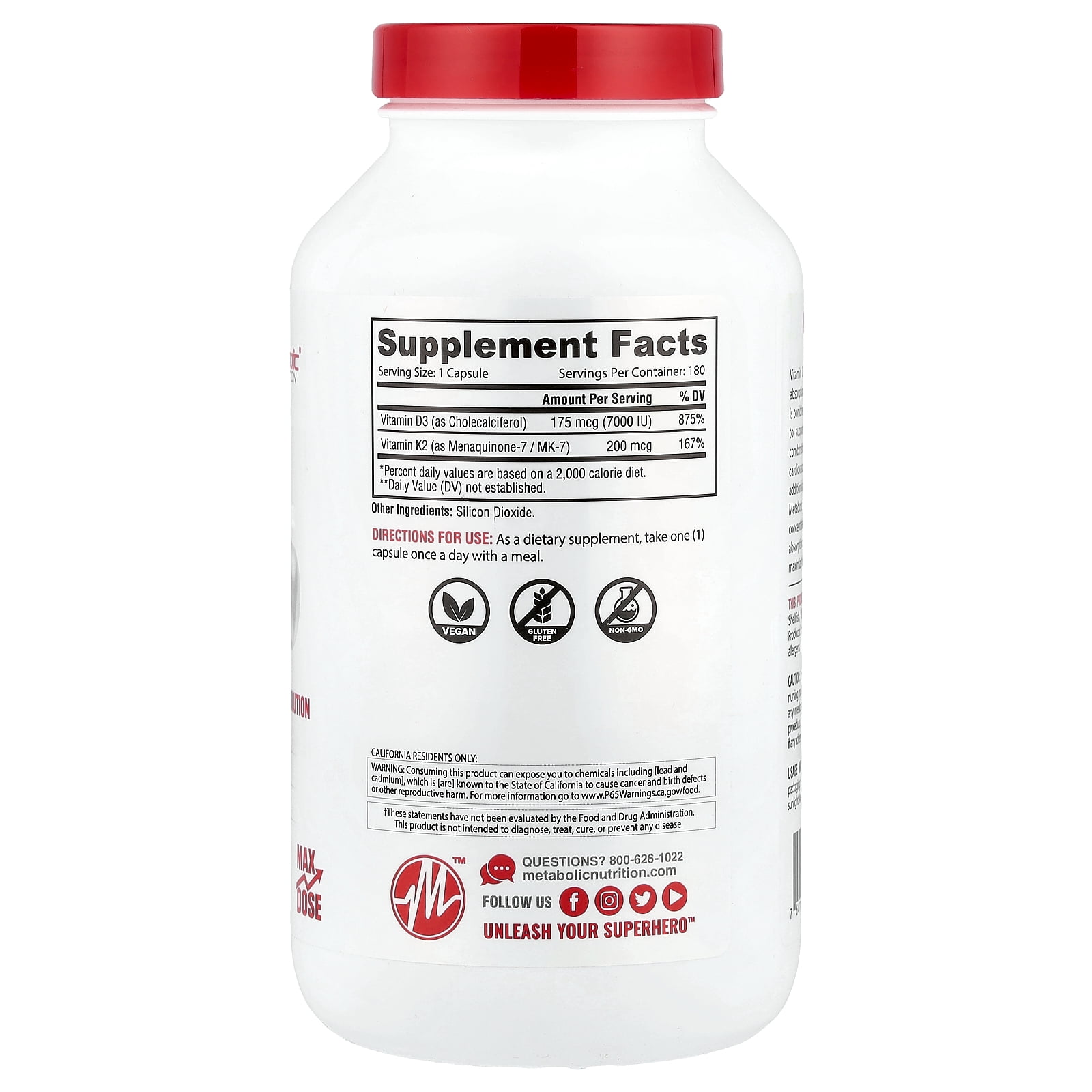 Metabolic Nutrition Vitamin D3 + K2, 180 Capsules