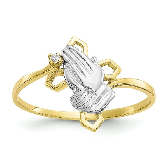 Primal Gold 10 Karat Yellow Gold and White Rhodium-plated Praying Hands Cubic Zirconia with Cross Ring