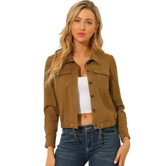 INSPIRE CHIC Women's Casual Point Collar Flat Pockets Biker Moto Jacket Brown M