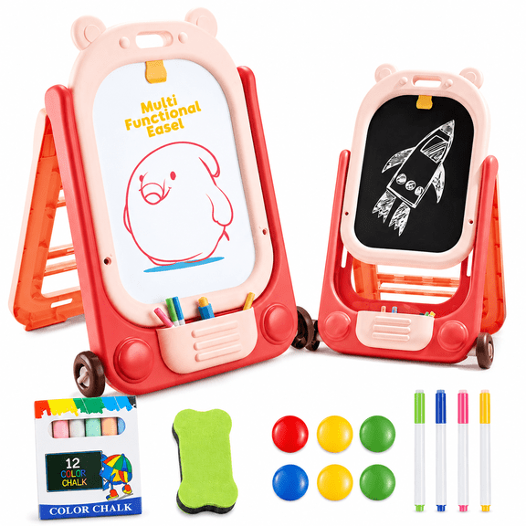 HOLYFUN 2 in 1 Kids Art Easel, Double Sided Magnetic Drawing Board, Adjustable Height, Foldable Easel with Storage, Wheels for Boys Girls