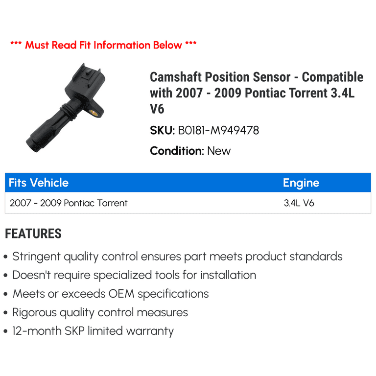 Camshaft Position Sensor - Compatible With 2007 - 2009 Pontiac.