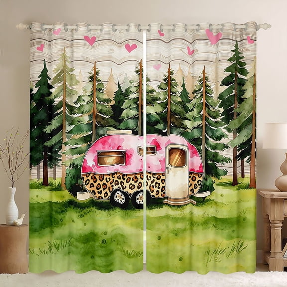 Castle Fairy Leopard Print Camper Black Out Curtains for Kids, Forest Art Curtains Pack of 2 (42x63 Each) for Bedroom, Pink Green