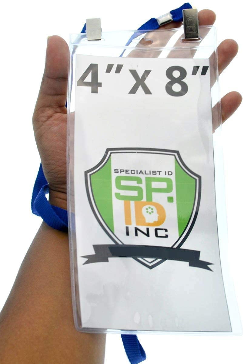 25 Pack - 4 x 8 Inch Extra Large Ticket & Event Credential Badge Holders with Double Sided Lanyards with Two Bulldog Clips, by Specialist ID (Royal Blue)