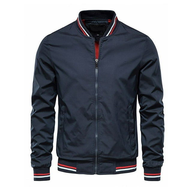 xiaxaixu Men's Fall Lightweight Bomber Jacket Stripe Print Long Sleeve Stand Collar Zip Up Fitted Coat