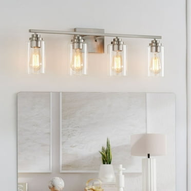 KAWOTI Modern 4-Light Vanity Light Fixtures over Mirror, Brushed Nickel Bathroom Lights with Clear Glass Shade