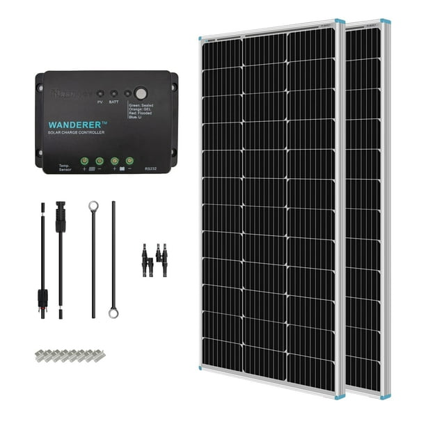 Renogy Kit de inicio de panel solar monocristalino de 200 vatios y 12 voltios con 2 paneles solares de 100 W y controlador de carga PWM de 30 A para vehículos recreativos, barcos, remolques, caravanas