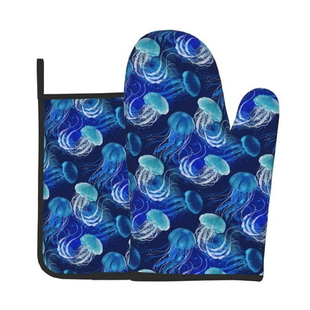 

Junzan Glowing Jellyfish Pattern Pattern Oven Mitts and Pot Holders 2 pcs Set Potholders BBQ Gloves Long Kitchen Oven Glove for Cooking Baking Grilling (2-Piece Set 11 Inch)