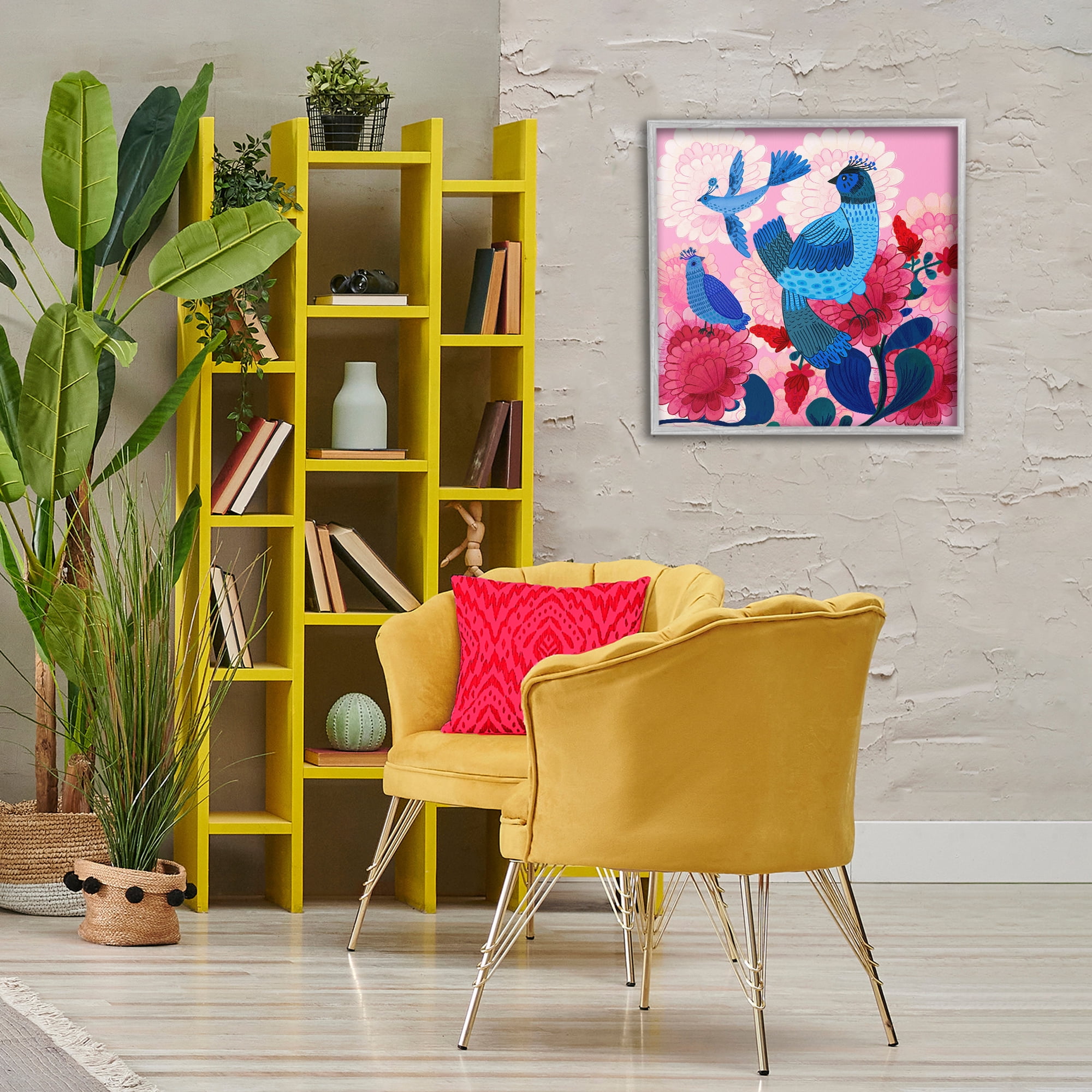 Stupell Industries Folk Birds on Dahlias Animals Painting Gray Framed Art Print Wall Art, 24 x 24