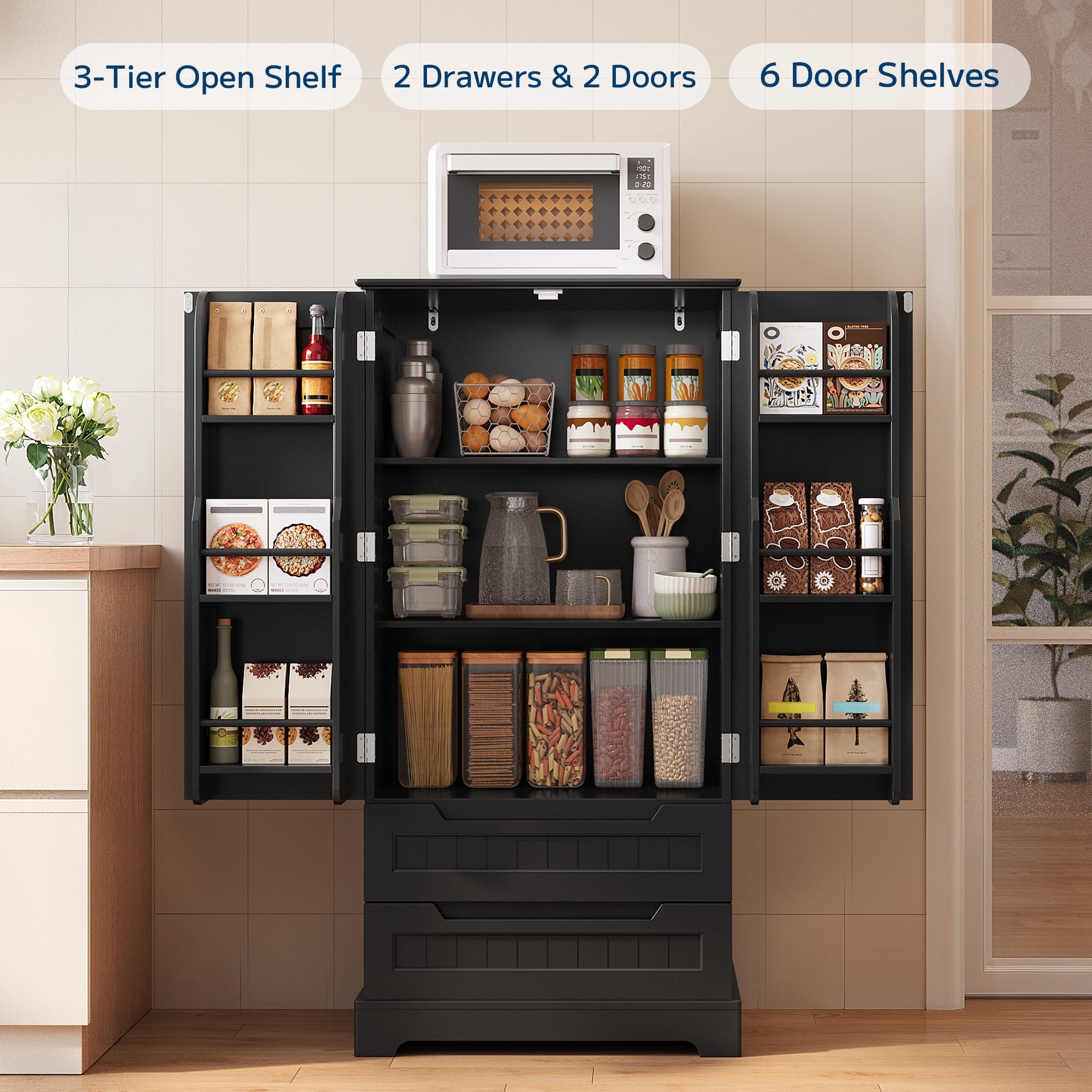 Pantry Storage Cabinet with 2 Drawers，Asofer 47" Kitchen Small Food Pantry Cabinet for Dining Room, Black