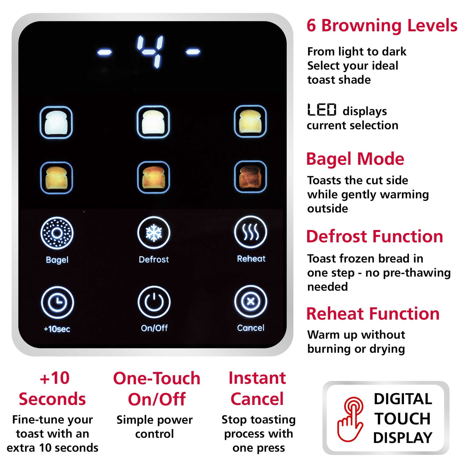 Brentwood 2-Slice 1,100-Watt Touch-Screen Digital Toaster with Extra-Wide Slots, Stainless Steel, TS-228DS