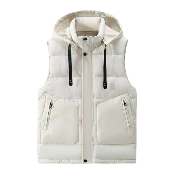 JUUYY Men's Winter Puffer Vest Zip Up Removable Hooded Padded Vest Casual Warm Sleeveless Quilted Jacket with Pocket Outerwear White S