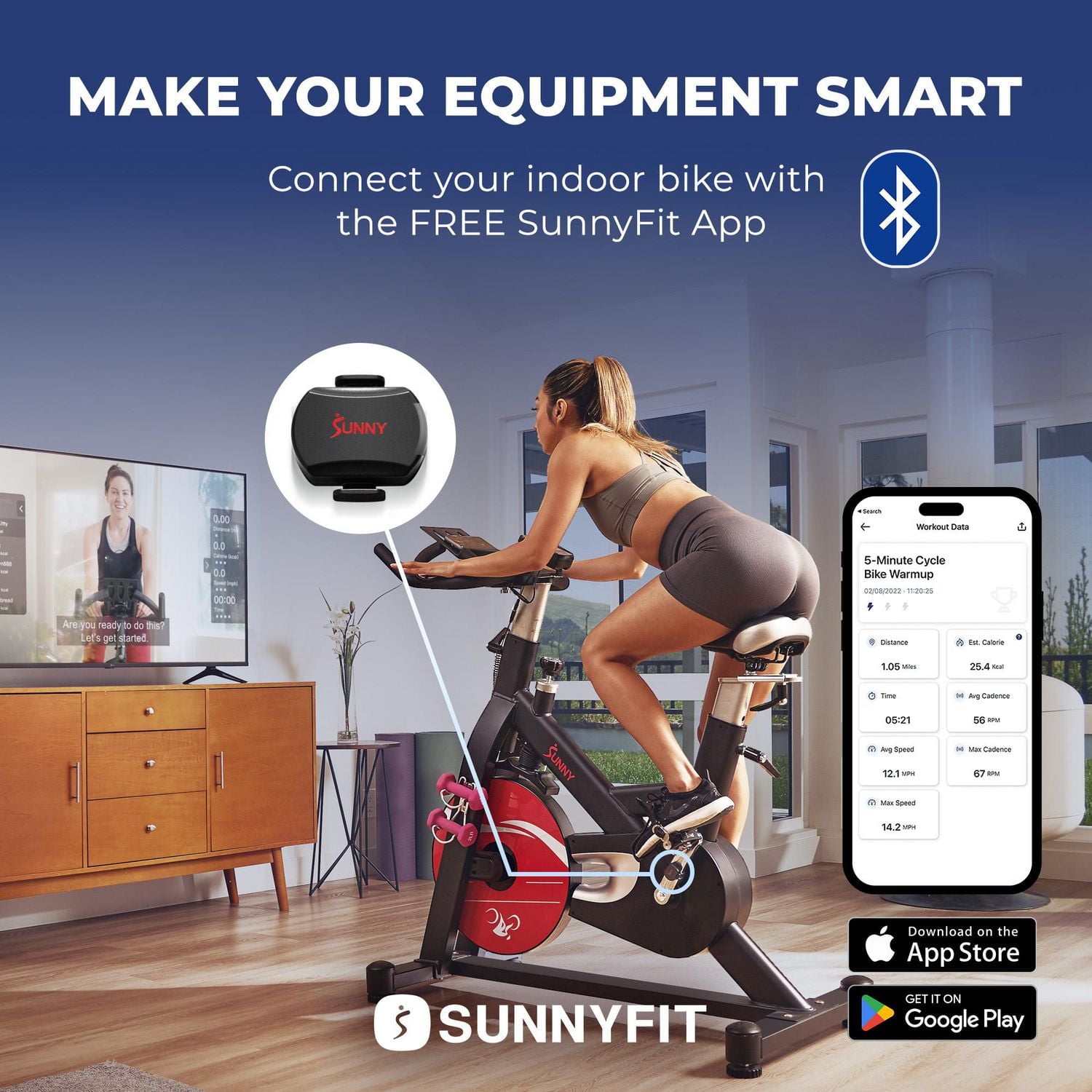 Sunny Health & Fitness Capteur de Cadence/RPM + Vitesse 2-en-1 pour Vélo d'Exercice Intérieur ou Extérieur avec Application SunnyFit Gratuite et Connectivité Bluetooth Améliorée - CB110