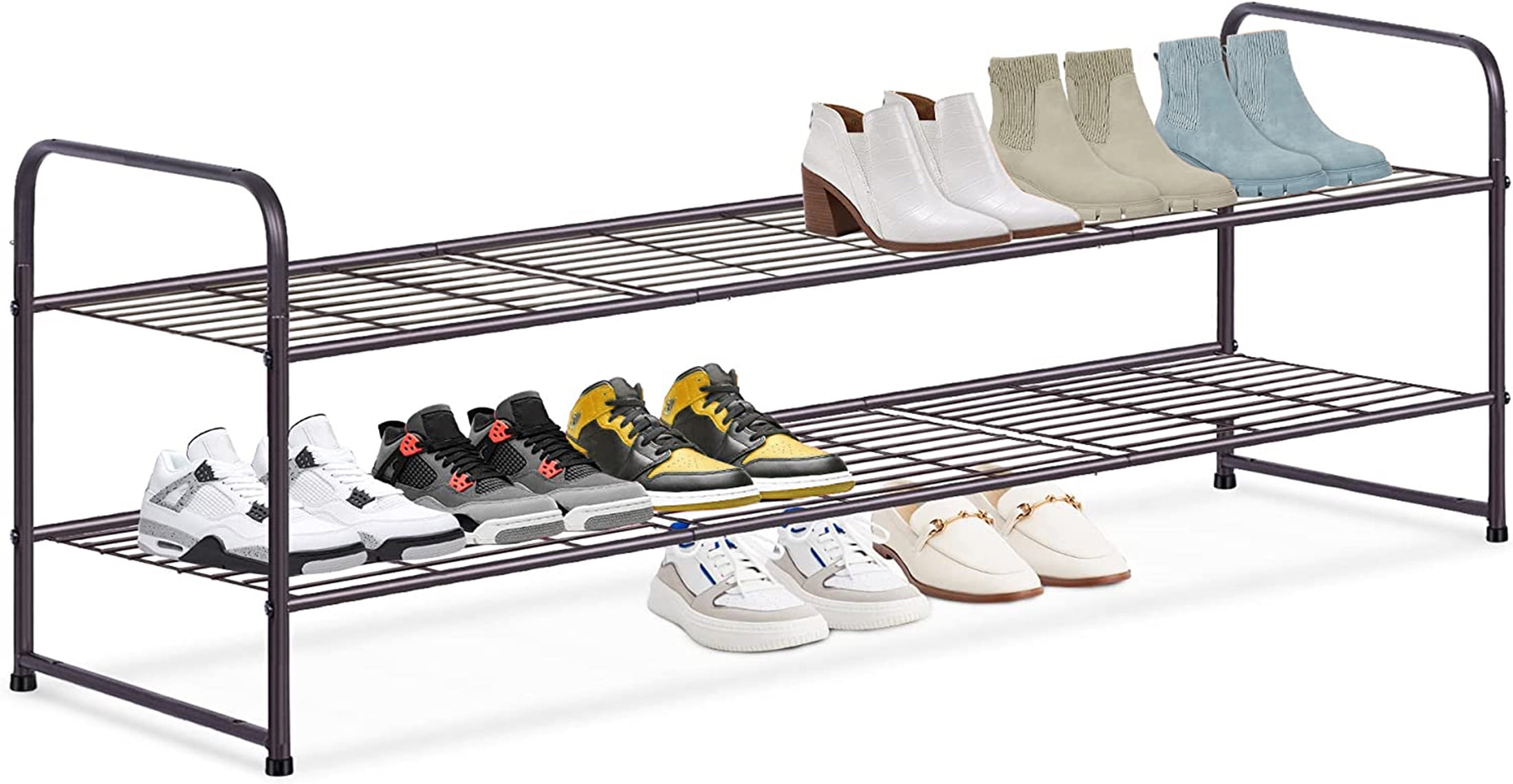 MISSLO 2 Tier Metal Long Shoe Rack Wire Grid Stackable Shoe Shelf Wide