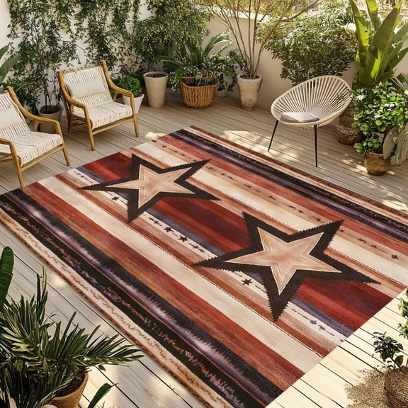 Fsddascl Brown Red Star Western Outdoor Rug for Patio/Deck/Porch, Non-Slip Large Area Rug 6 x 9 Ft, Vintage Country Wooden Indoor Outdoor Rugs Washable Area Rugs, Reversible Camping Rug Carpet