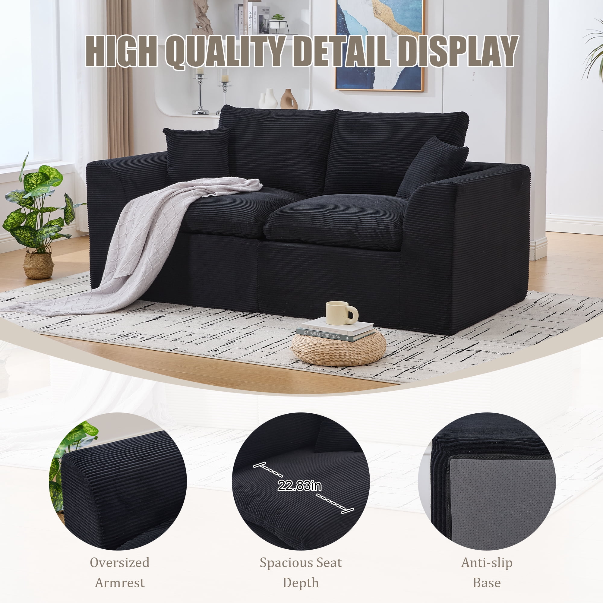 MOONMISS 80.3" Oversized Modular Sofa, Upholstered Corduroy 2 Seat Deep Seat Cloud Couch for Living Room Bedroom, No Assembly Required,Black