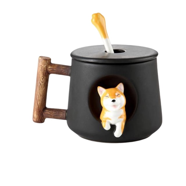 Monstrate Perro de dibujos animados Taza de agua de cerámica Tazón de desayuno de avena Mango de madera Vaso lindo Café Té Taza de cerámica Juegos de servir café y té Espinilla