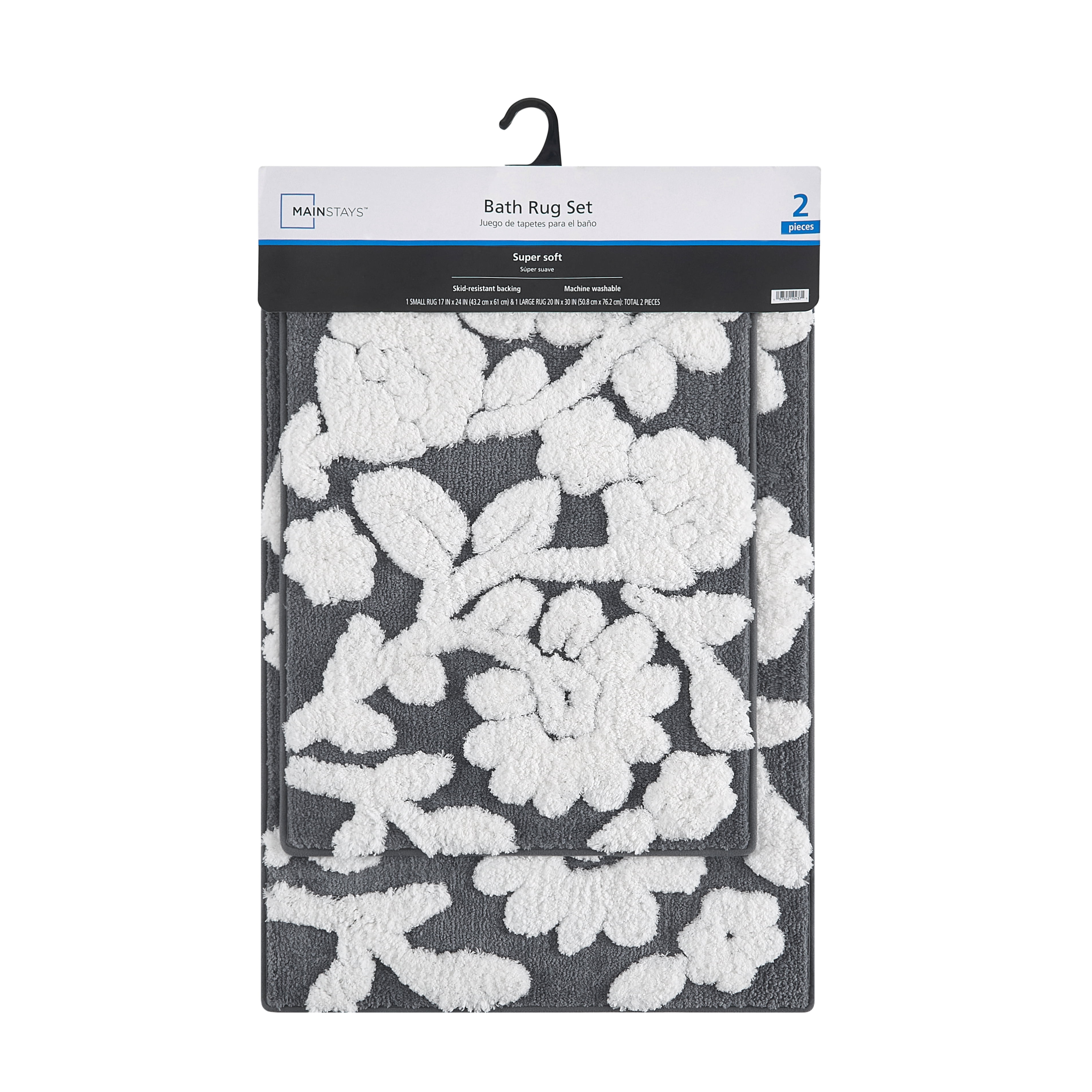 Mainstays 2 Piece Floral Bath Rug Set, Grey, 17" x 24" & 20" x 30"