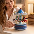 thumbnail image 3 of Musical Carousel Music Box with Blue Starry Canopy and Wooden Horses, 6 Inches, Blue, for Girls and Daughters, Tabletop Decoration and Cake Topper, 3 of 4
