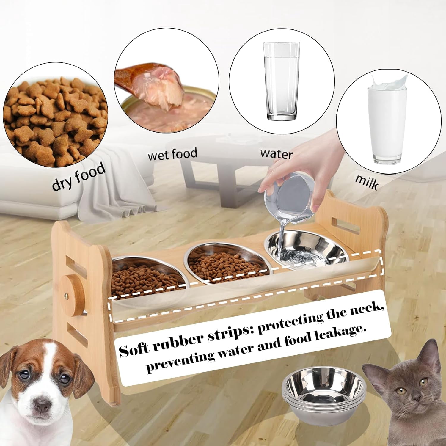 Elevated Pet Bowls for Cats & Small Dogs, Elevated and 15° Tilted Stainless Steel Elevated Cat Food Bowl with Bamboo Stand and Rubber Strip to Prevent Overflow for Indoor Cats and Pets