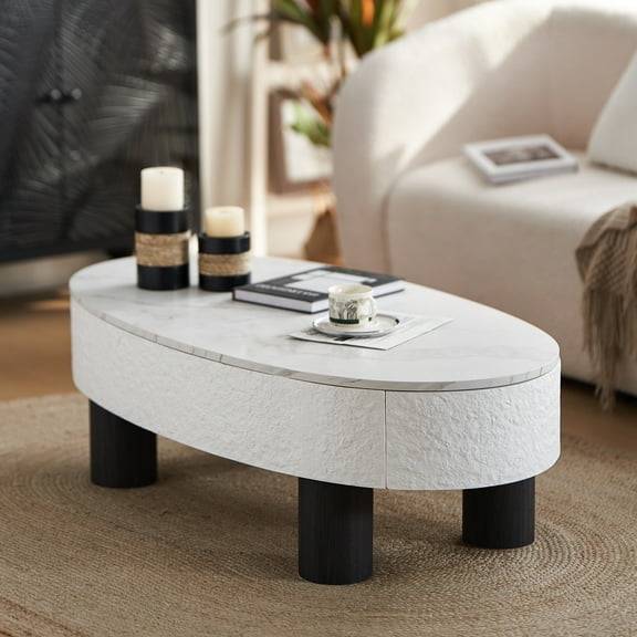 Oval Coffee Table, Mid Century Modern Faux Marble Top Table with Hidden Drawer & Storage Shelf, White and Black Living Room Center Table for Small Space, Office & Bedroom
