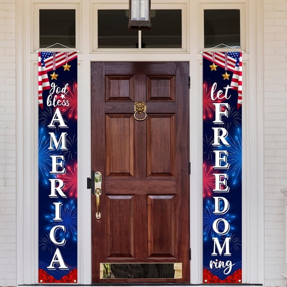 4th of July God Bless America Patriotic Porch Banner Sign, 250 Anniversary Memorial Day American Flag Stars Stripe Front Door Decorative Hanging Welcome Banner for Home Outdoor Yard Decor